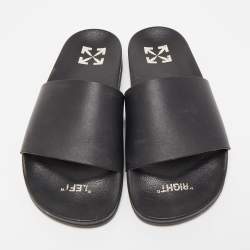 Pre Owned Off-White Black Leather Printed Flat Slides Size 40