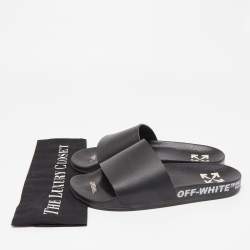 Pre Owned Off-White Black Leather Printed Flat Slides Size 40