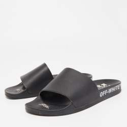 Pre Owned Off-White Black Leather Printed Flat Slides Size 40