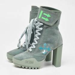 Pre Owned Off-White Light Green Suede Moto Wrap Ankle Booties Size 38