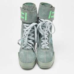 Pre Owned Off-White Light Green Suede Moto Wrap Ankle Booties Size 38