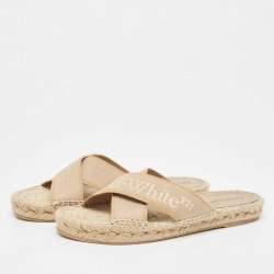 Pre Owned Off-White Beige Logo Embroidered Canvas Flat Espadrille Slides Size 39