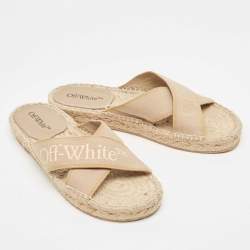 Pre Owned Off-White Beige Logo Embroidered Canvas Flat Espadrille Slides Size 39