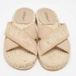 Pre Owned Off-White Beige Logo Embroidered Canvas Flat Espadrille Slides Size 39