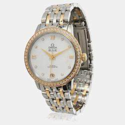 Omega White Mother Of Pearl 18k Yellow Gold Stainless Steel De Ville Prestige 424.25.33.20.55.004 Automatic Women's Wristwatch 33 mm