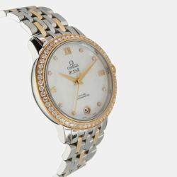 Omega White Mother Of Pearl 18k Yellow Gold Stainless Steel De Ville Prestige 424.25.33.20.55.004 Automatic Women's Wristwatch 33 mm