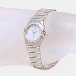 Omega White Diamond 18k Yellow Gold Stainless Steel Constellation 1267.75 Quartz Women's Wristwatch 22 mm