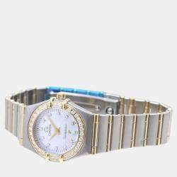 Omega White Diamond 18k Yellow Gold Stainless Steel Constellation 1267.75 Quartz Women's Wristwatch 22 mm