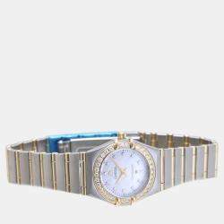 Omega White Diamond 18k Yellow Gold Stainless Steel Constellation 1267.75 Quartz Women's Wristwatch 22 mm