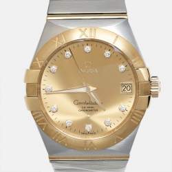 Pre Owned Omega Champagne Diamond 18k Yellow Gold Stainless Steel Constellation 123.20.38.21.58.001 Men's Wristwatch 38 mm
