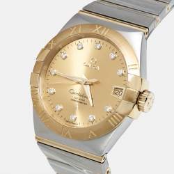 Pre Owned Omega Champagne Diamond 18k Yellow Gold Stainless Steel Constellation 123.20.38.21.58.001 Men's Wristwatch 38 mm