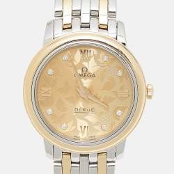 Omega Champagne Diamond 18K Yellow Gold Stainless Steel De Ville Prestige 424.20.27.60.58.002 Women's Wristwatch 27.40 mm