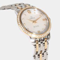 Omega White Diamond 18k Yellow Gold Stainless Steel DeVille Prestige 424.25.24.60.55.001 Quartz Women's Wristwatch 24 mm