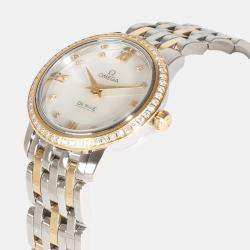 Omega White Diamond 18k Yellow Gold Stainless Steel DeVille Prestige 424.25.24.60.55.001 Quartz Women's Wristwatch 24 mm