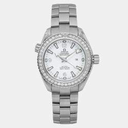 Omega White Stainless Steel Diamond Seamaster Planet Ocean 232.15.38.20.04.001 Automatic Men's Wristwatch 37.5mm