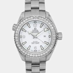 Omega White Stainless Steel Diamond Seamaster Planet Ocean 232.15.38.20.04.001 Automatic Men's Wristwatch 37.5mm
