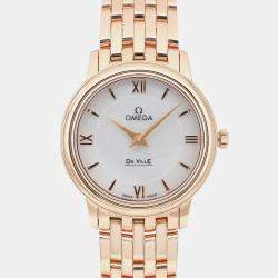 Omega White 18K Rose Gold De Ville Prestige 424.50.27.60.05.002 Quartz Women's Wristwatch 27.4mm