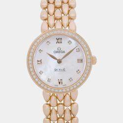 Omega MOP Diamond 18K Rose Gold De Ville Prestige 424.55.27.60.55.004 Quartz Women's Wristwatch 27 mm
