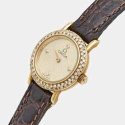 Pre Owned Omega Champagne Diamond 18k Yellow Gold Alligator Vintage DeVille 1450 Women's Wristwatch 19 mm