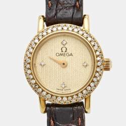 Pre Owned Omega Champagne Diamond 18k Yellow Gold Alligator Vintage DeVille 1450 Women's Wristwatch 19 mm