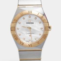Pre Owned Omega Mother Of Pearl Diamond 18K Yellow Gold Stainless Steel Constellation 131.20.25.60.55.002 Women's Wristwatch 25 mm