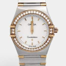 Pre Owned Omega Mother Of Pearl Diamond 18K Yellow Gold Stainless Steel Constellation 1277.70.00 Women's Wristwatch 25.50 mm