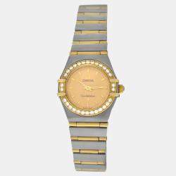 Pre Owned Omega Constellation 1367.10.00 Quartz Champagne 18k Yellow Gold Stainless Steel Diamond Women's Wristwatch 22 mm
