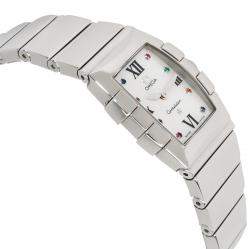 Pre Owned Omega White Stainless Steel Sapphire Quadrella 1584.79.00 Women's Wristwatch 19MM