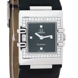 Pre Owned Omega Black Stainless Steel Patent Leather Diamond Constellation Quadra 895.1230 Women's Wristwatch 19 mm