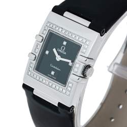 Pre Owned Omega Black Stainless Steel Patent Leather Diamond Constellation Quadra 895.1230 Women's Wristwatch 19 mm