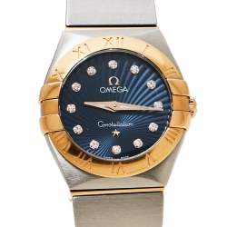 Pre Owned Omega Blue 18K Yellow Gold Stainless Steel Constellation 123.20.24.60.53.001 Women's Wristwatch 24 mm