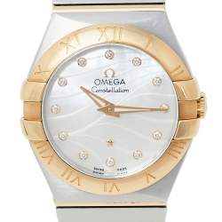Pre Owned Omega Mother of Pearl 18K Yellow Gold & Stainless Steel Diamond Constellation 123.20.27.60.55.005 Women's Wristwatch 27 mm