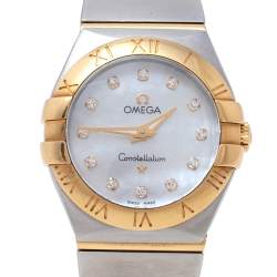 Pre Owned Omega Mother of Pearl 18K Yellow Gold & Stainless Steel Diamond Constellation 123.20.27.60.55.002 Women's Wristwatch 27 mm