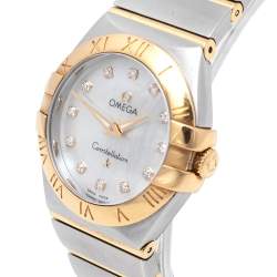 Pre Owned Omega Mother of Pearl 18K Yellow Gold & Stainless Steel Diamond Constellation 123.20.27.60.55.002 Women's Wristwatch 27 mm