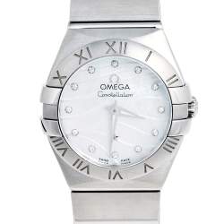 Pre Owned Omega Mother of Pearl Stainless Steel Diamond Constellation 123.10.24.60.55.003 Women's Wristwatch 24 mm
