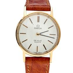 Pre Owned Omega Silver Gold Plated Stainless Steel Leather Vintage De Ville 591.0044 Women's Wristwatch 24 mm
