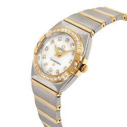 Pre Owned Omega MOP Diamonds 18K Yellow Gold And Stainless Steel Constellation Double Eagle 1389.75.00 Women's Wristwatch 25 MM