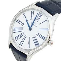Pre Owned Omega White Stainless Steel Diamond Leather De Ville Tresor 428.17.36.60.04.001 Women's Wristwatch 36 mm