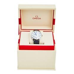 Pre Owned Omega White Stainless Steel Diamond Leather De Ville Tresor 428.17.36.60.04.001 Women's Wristwatch 36 mm
