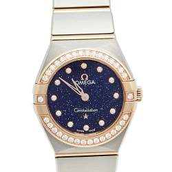 Pre Owned Omega Blue 18k Rose Gold Stainless Steel Diamond Constellation 13125256053002 Women's Wristwatch 25 mm
