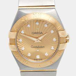 Pre Owned Omega Champagne Diamond 18k Yellow Gold Stainless Steel Constellation 123.20.27.60.58.001 Women's Wristwatch 27 mm 