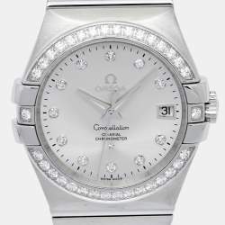 Pre Owned Omega Silver Stainless Steel Diamond Constellation 123.15.35.20.52.001 Women's Wristwatch 35 mm