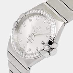 Pre Owned Omega Silver Stainless Steel Diamond Constellation 123.15.35.20.52.001 Women's Wristwatch 35 mm