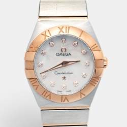 Pre Owned Omega Mother Of Pearl Diamond 18K Rose Gold Stainless Steel Constellation Women's Wristwatch 24 mm