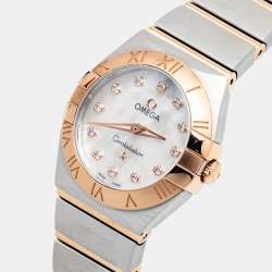 Pre Owned Omega Mother Of Pearl Diamond 18K Rose Gold Stainless Steel Constellation Women's Wristwatch 24 mm