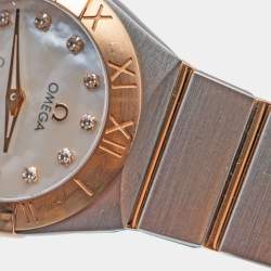 Pre Owned Omega Mother Of Pearl Diamond 18K Rose Gold Stainless Steel Constellation Women's Wristwatch 24 mm