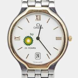 Pre Owned Omega White 18K Yellow Gold Stainless Steel 'British Petroleum 25 Years' De Ville Symbol 4330.23.00 Women's Wristwatch 32 mm