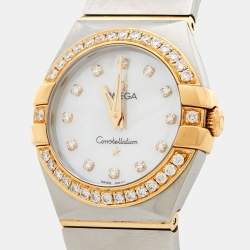 Omega Mother Of Pearl 18K Yellow Gold Stainless Steel Diamond Constellation 123.20.27.60.55.004 Women's Wristwatch 27 mm