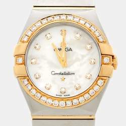 Omega Mother Of Pearl 18K Yellow Gold Stainless Steel Diamond Constellation 123.20.27.60.55.004 Women's Wristwatch 27 mm