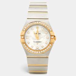 Omega Mother Of Pearl 18K Yellow Gold Stainless Steel Diamond Constellation 123.20.27.60.55.004 Women's Wristwatch 27 mm